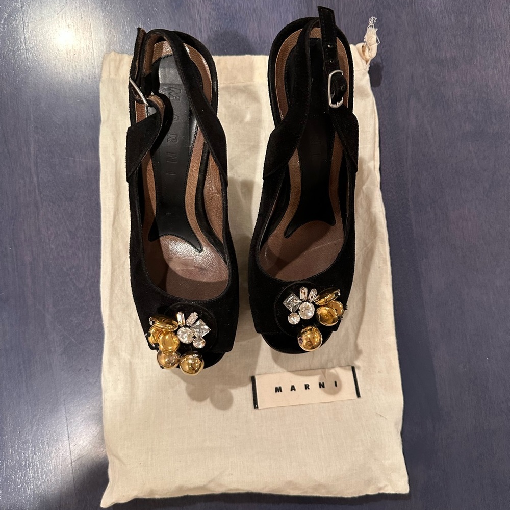 Marni Black Suede Sling Back Heels Peep Toe Size 36 EU / Size 6 U.S.